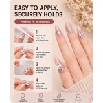 Nude‑Pink Almond Press‑On Nails, Luxury False Nails With Large Pink‑White Rhinestones & Silver Glitter For Party